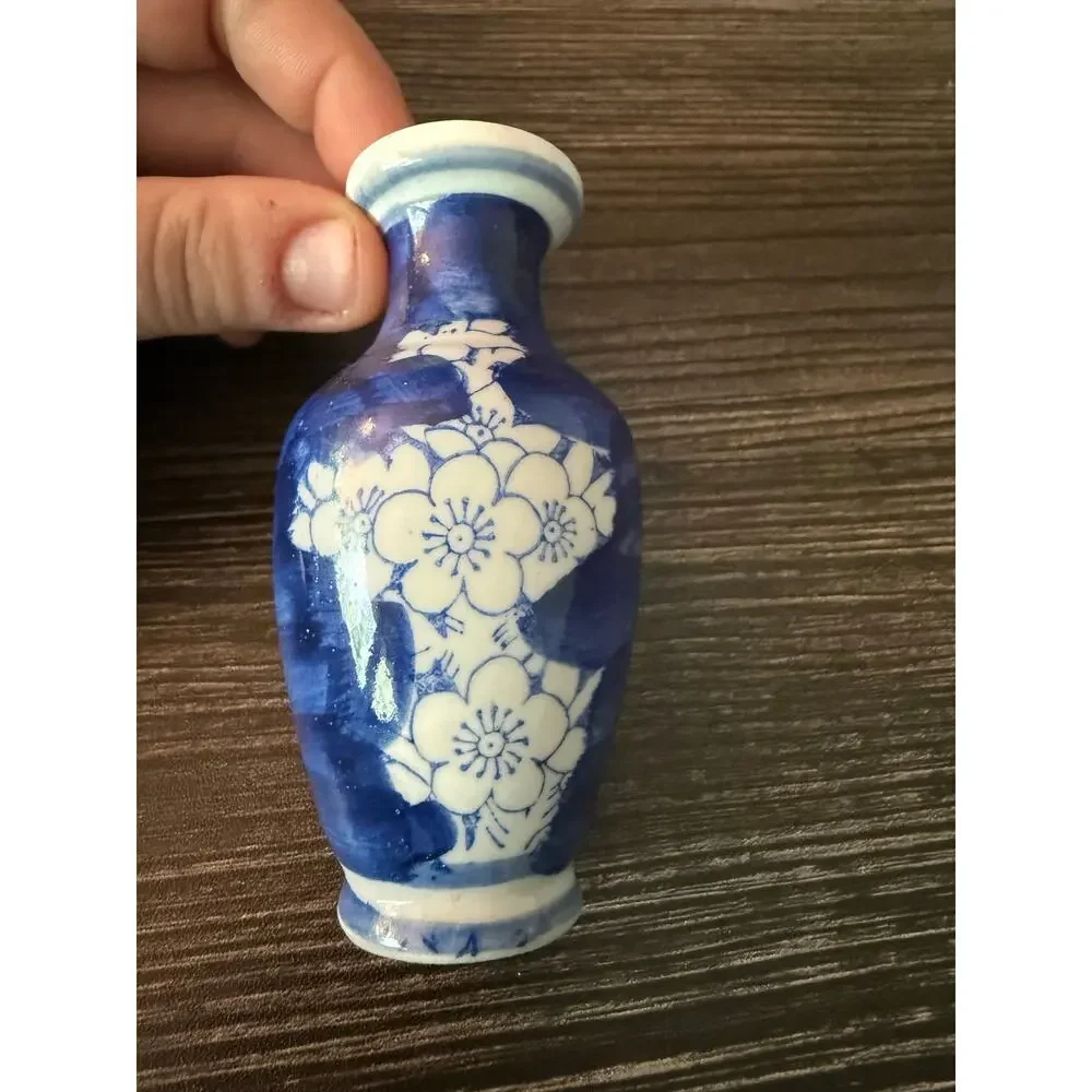 Vintage Blue and White Porcelain Bud Vases Blooming White Flowers